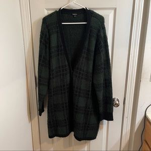 Green/Black plaid knit cardigan sweater